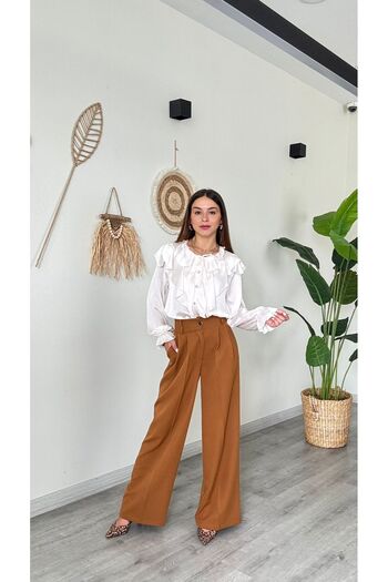 modadagiyim Women's Shirred and Sleeve Detailed Ruffled Tie-Up Chiffon Shirt