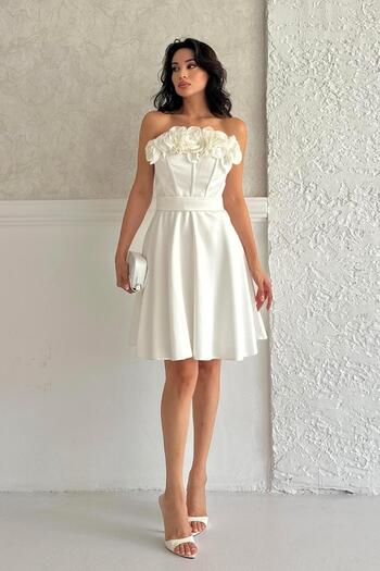 Serica Moda Λευκό Στράπλες Μίνι Σατέν Βραδινό Φόρεμα
