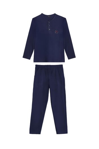 Tudors Men's Standard Fit 100% Cotton Crew Neck Elastic Waist Navy Blue Pajama Set