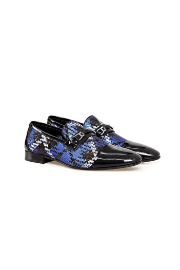 FRANCO CALVANI Black Patent Leather Navy Blue Color Lace-Up Genuine Leather Men's Shoes