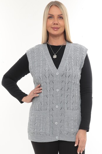 İKSUN Women's V-Neck Winter Thick Wool Chain Modeled Knitwear Buttoned Pocket Mother Vest
