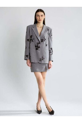 Robin 80220 Striped Jacket Skirt Set Gray