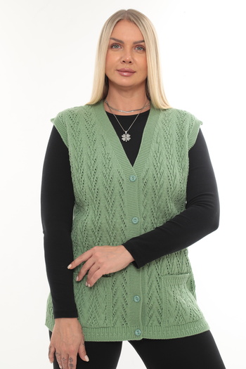 İKSUN Women's V-Neck Thick Wool Goose Feet Patterned Knitwear Buttoned Pocketed Mother Vest
