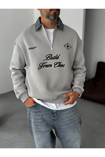 BYBASICMAN Gray Denim Collar Build Oversize Sweatshirt Es-71-76