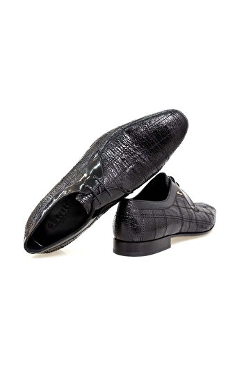 FRANCO CALVANI Black Color Lace-Up Genuine Leather Wrinkled Patent Leather Men's Shoes