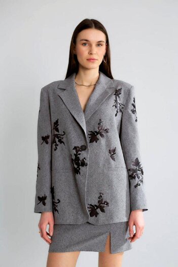 Robin 80220 Striped Jacket Skirt Set Gray