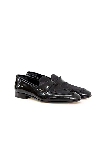 FRANCO CALVANI Black Color Laceless Genuine Leather Patent Leather - Suede Men's Shoes