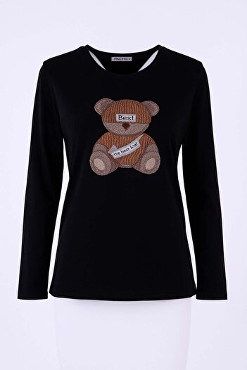 trender Best Teddy Bear Print Black Women's Blouse