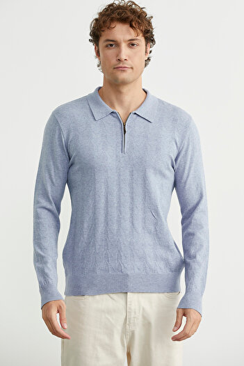 Sementa Zippered Polo Neck Knit Sweater - Blue