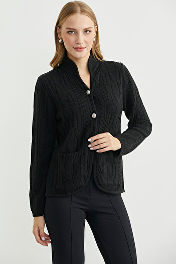 Sementa Hakim Collared Wool Knitwear Jacket with Pockets - Black