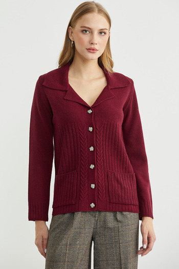 Sementa Wool Pocket Button Detailed Knitwear Jacket - Burgundy
