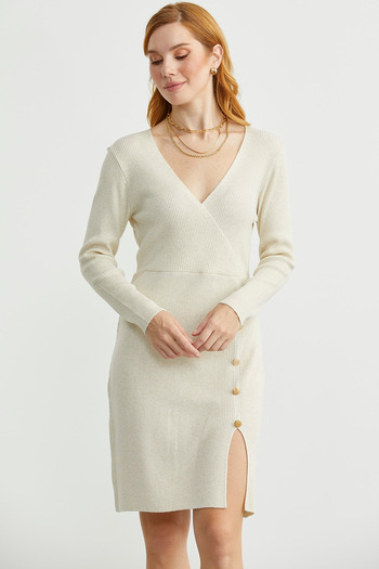 Sementa Double-Breasted Button Detailed Knitwear Dress - Stone