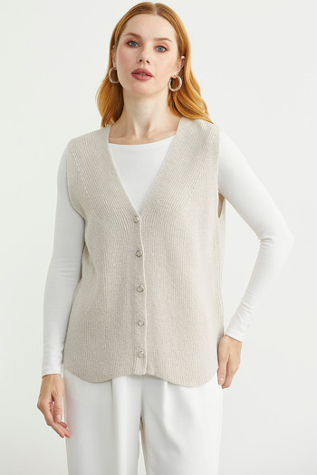 Sementa Thessaloniki Knitted Buttoned Wool Knitwear Vest - Stone
