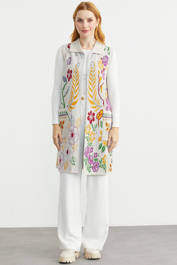 Sementa Colorful Floral Motif Wool Long Knit Vest - Beige