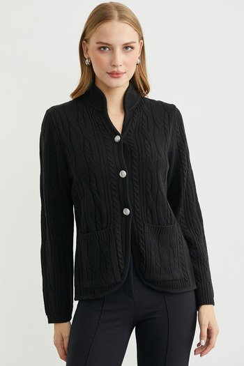 Sementa Hakim Collared Wool Knitwear Jacket with Pockets - Black