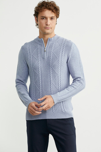 Sementa Half Zipper Stand Collar Knit Sweater - Blue
