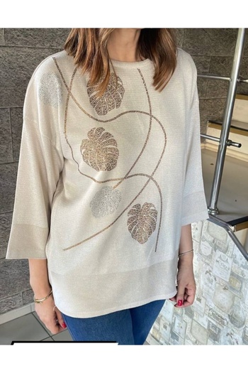 AKŞEN GİYİM Plus Size Glitter Knitted Stone Embroidered Three Quarter Sleeve Mercerized Blouse in Sizes 42-44-46-48, Length 70 cm