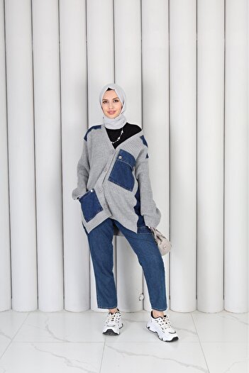 LUCKY COLLECTİON Oversize Off-Shoulder Women's Knit Cardigan Jacket with Pockets