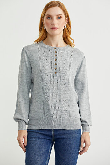 Sementa Half Button Round Neck Knitwear Sweater - Light Gray