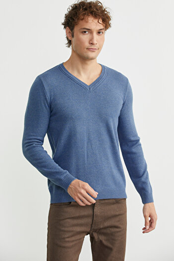 Sementa V-Neck Basic Knit Sweater - Indigo