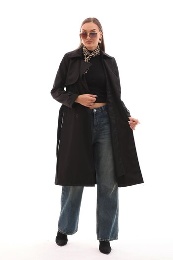 soi fashion Belted Lined Long Trench Coat Black
