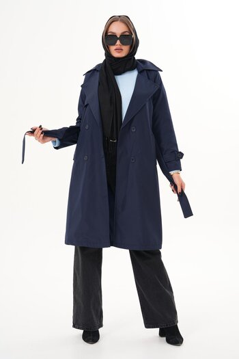 soi fashion Kuşaklı Astarlı Uzun Trençkot Lacivert