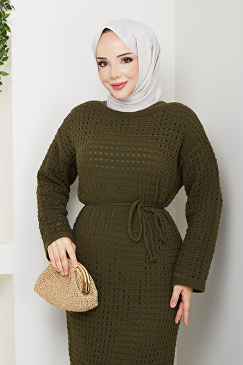 Pamuk Butik Women's Innerwear Set with Inner Lining, Double Set, Belted Knitwear Dress