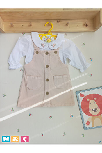 MÇ FAMİLY STORe Thick Denim Stylish Salopet Dress and Flower Embroidered Shirt Baby Girl 2-Piece Set Baby Girl Dress