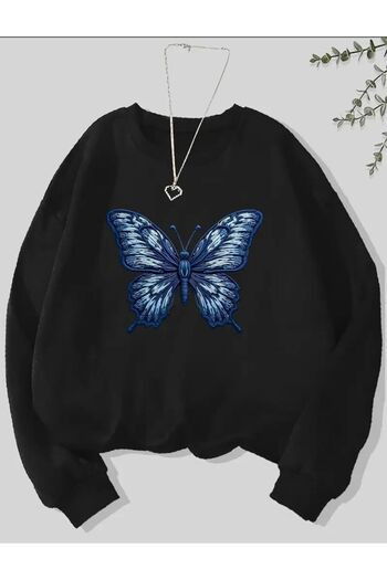 herkesemoda Butterfly Pattern Detailed Crew Neck Sweatshirt with Fleece Inside