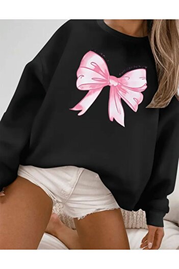 herkesemoda Ribbon Printed Crew Neck Sweatshirt with Fleece Inside