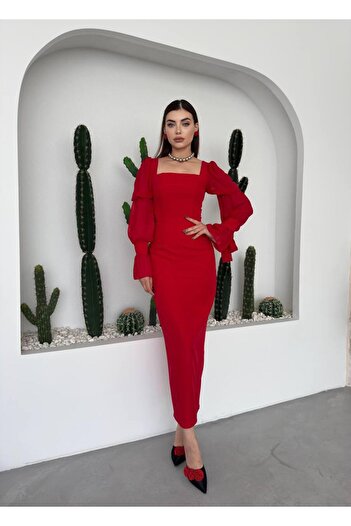 Bellucia Chiffon Balloon Sleeves Square Neck Long Evening Dress