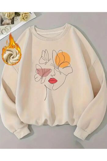 herkesemoda Printed Crew Neck Fleece Sweatshirt