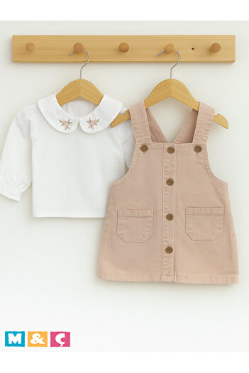 MÇ FAMİLY STORe Thick Denim Stylish Salopet Dress and Flower Embroidered Shirt Baby Girl 2-Piece Set Baby Girl Dress