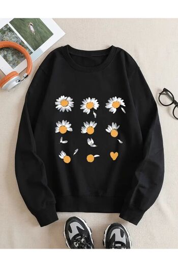 herkesemoda Daisy Pattern Detailed Crew Neck Sweatshirt with Fleece Inside