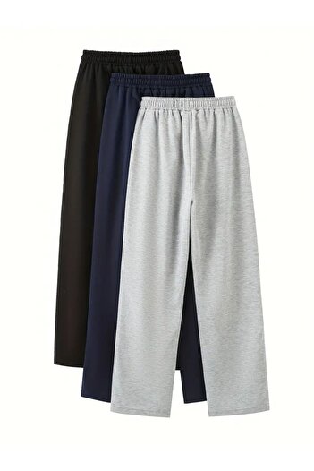 SURMARİ Set of 3 3 Pcs Black Navy Blue Gray Unisex Regular Wide Leg Sweatpants