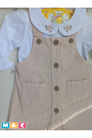 MÇ FAMİLY STORe KALIN KOT ŞIK SALOPET ELBİSE VE ÇİÇEKLİ NAKIŞLI GÖMLEK KIZ BEBEK 2Lİ TAKIM BABY GİRL DRESS