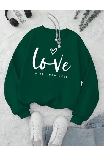 herkesemoda Love Text Printed Crew Neck Sweatshirt with Fleece Inside