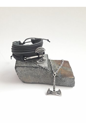 BSN Store 3 Pieces of Axe Figured Genuine Leather Bracelet and Men's Necklace Set