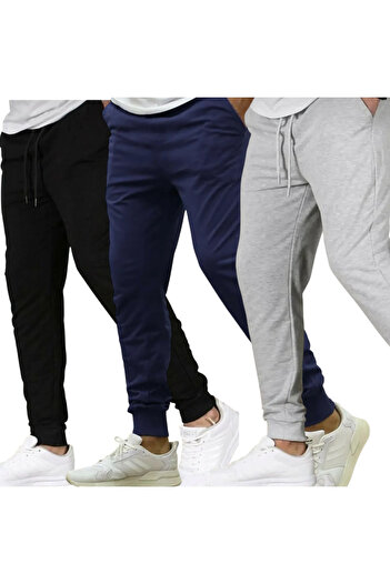 SURMARİ Set of 3 3 Pcs Black Navy Blue Gray Unisex Regular Leg Ribbed Sweatpants