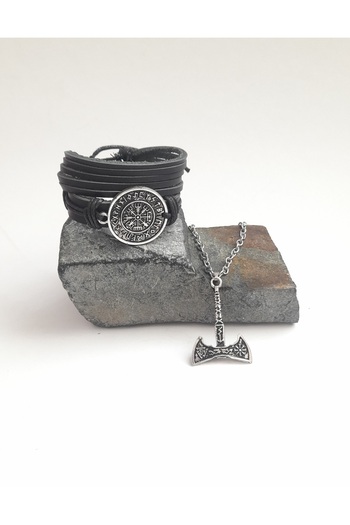 BSN Store 3 Pieces Genuine Leather Bracelet and Necklace Set with Compass and Axe Figures