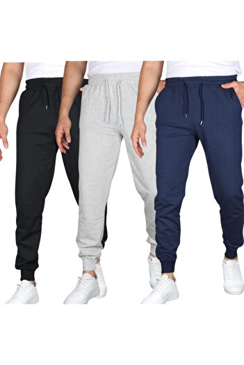 SURMARİ Set of 3 3 Pcs Black Navy Blue Gray Unisex Regular Leg Ribbed Sweatpants