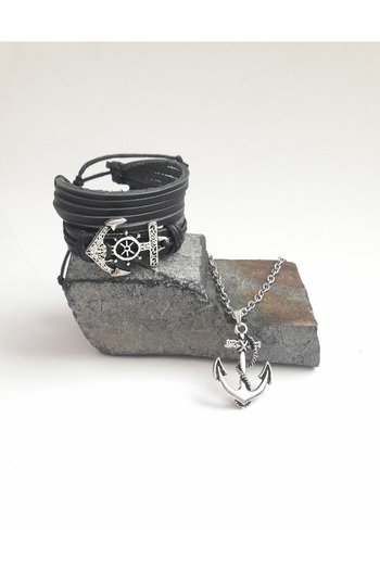 BSN Store 3 Pieces Sailor Anchor Figured Genuine Leather Bracelet and Necklace Gift Set