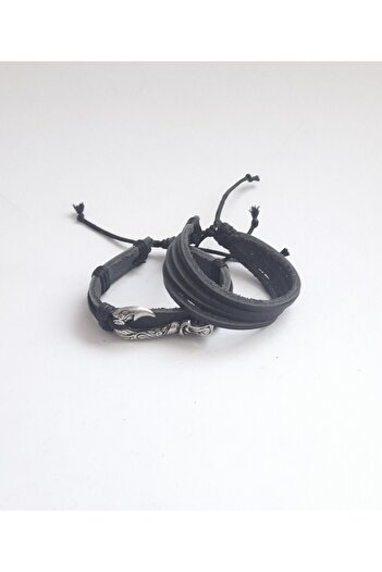 BSN Store 3 Pieces Sailor Embroidered Hook Figured Genuine Leather Bracelet and Necklace Set