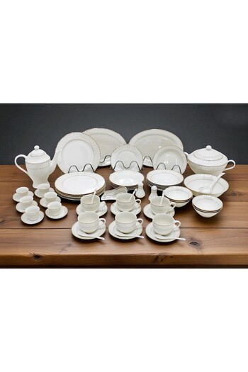 Al Nokhba 70 Pcs New Bone China Dinner Set with Gold Rim, bring an elegant sense of style to dining room,White