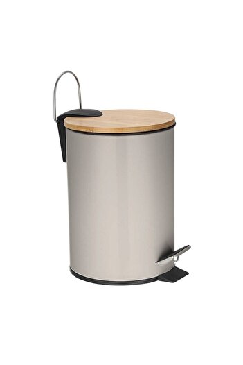 FRANDIS Metal trash bin with pedal, 3 liters, bamboo lid, detachable bucket, Frandis, gray beige