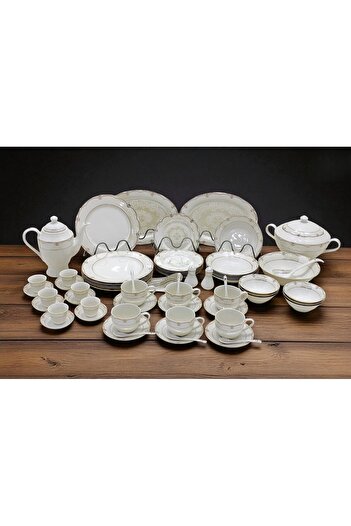 Al Nokhba 70 Pcs New Bone China Dinner Set with Gold Rim, bring an elegant sense of style to dining room,White