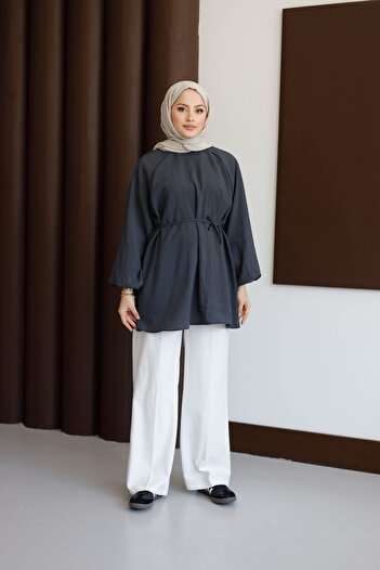 MOONSC Balloon Sleeve Belt-Fastened Shirt Anthracite