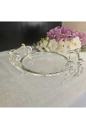 MaviDamla Cast Metal Frame Glass Presentation Plate Round 21.cm Silver