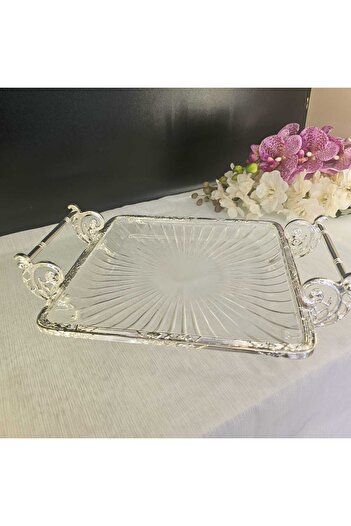 MaviDamla Cast Metal Cast Frame Glass Presentation Plate 25*25 Square Silver