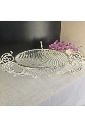 MaviDamla Cast Metal Frame Glass Presentation Bowl Round 30.cm Silver